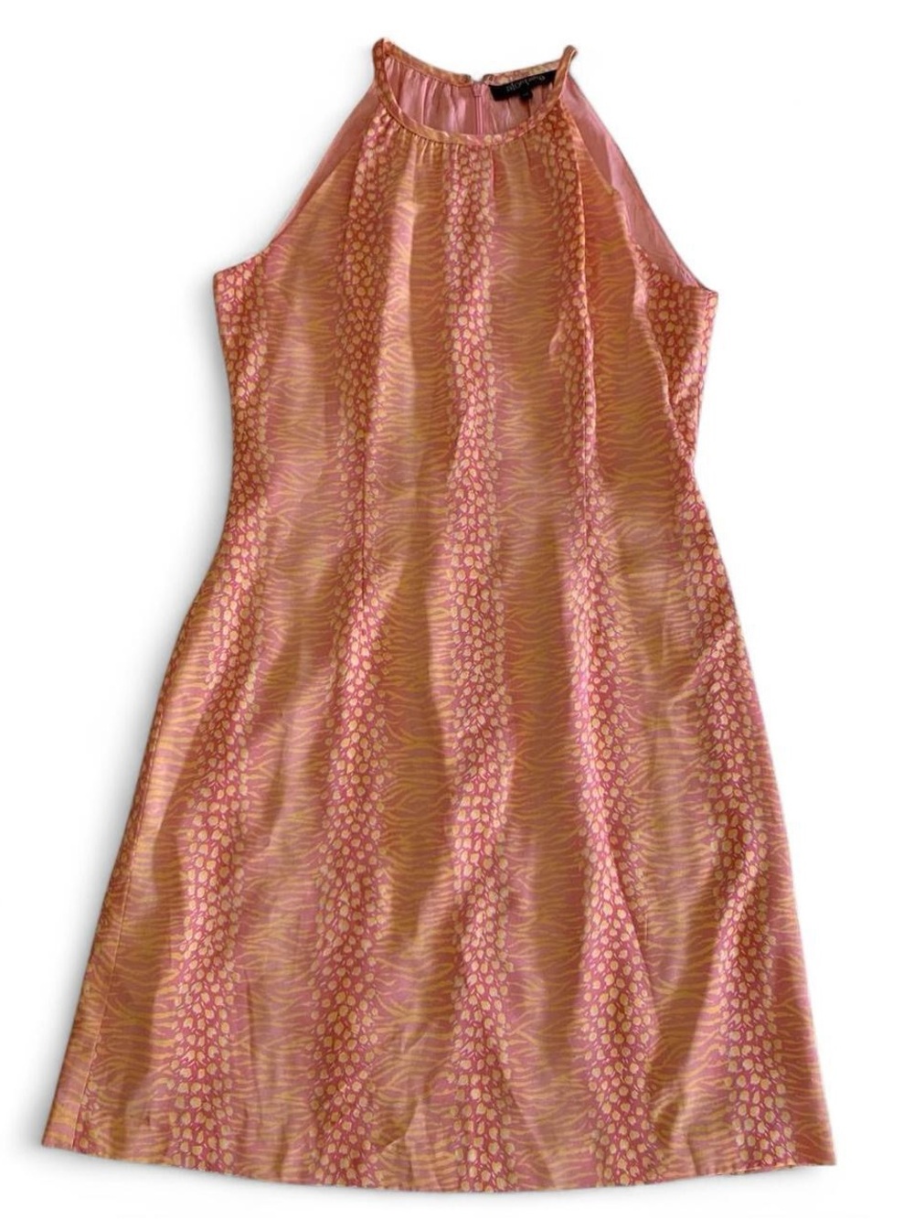 Atontaine Pink & Yellow Satin Patterned High Neck Cocktail Mini Dress Size 38